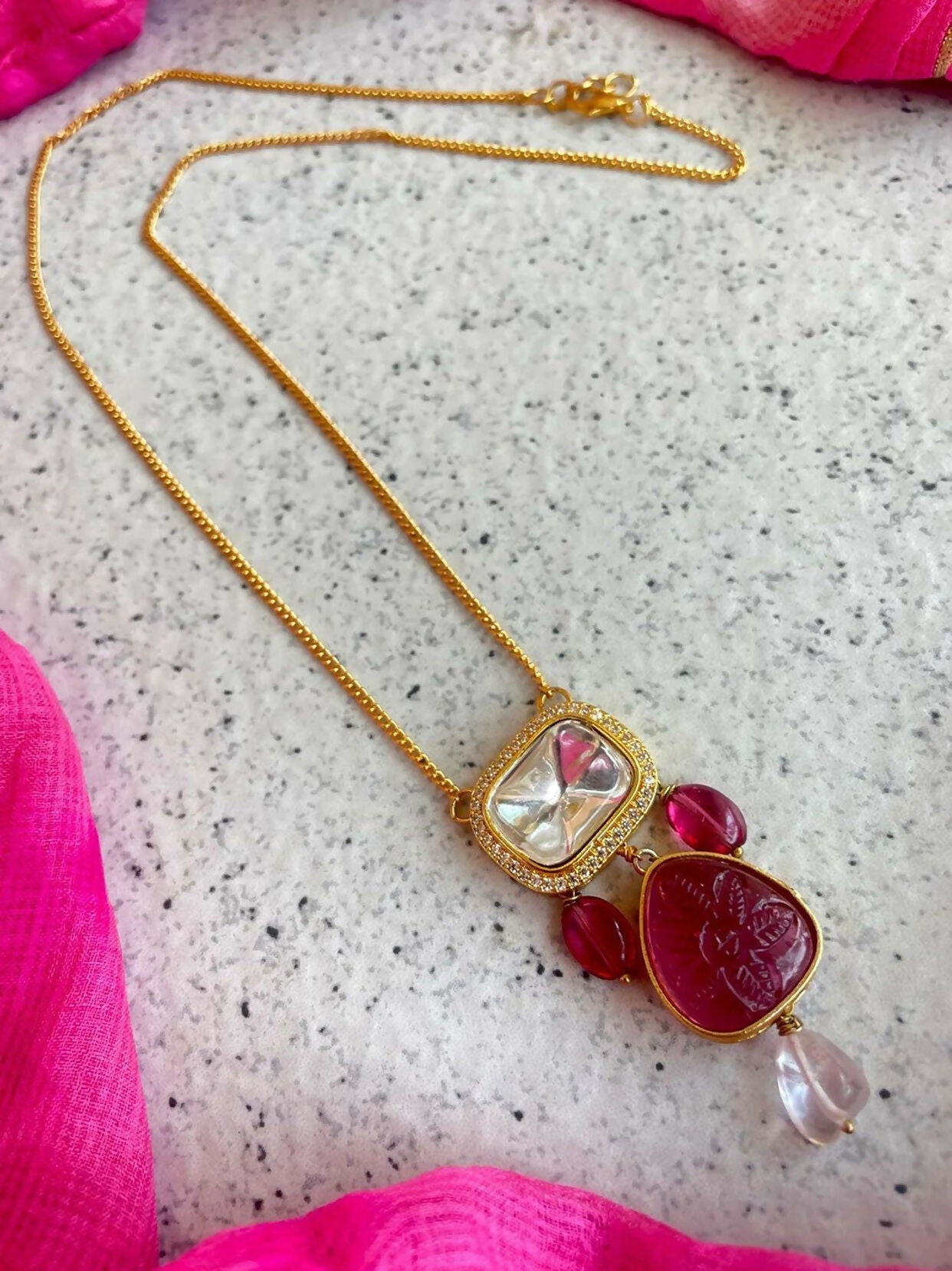Elegant Pink Zade stone Kundan necklace on brass base for wedding and festive occasions