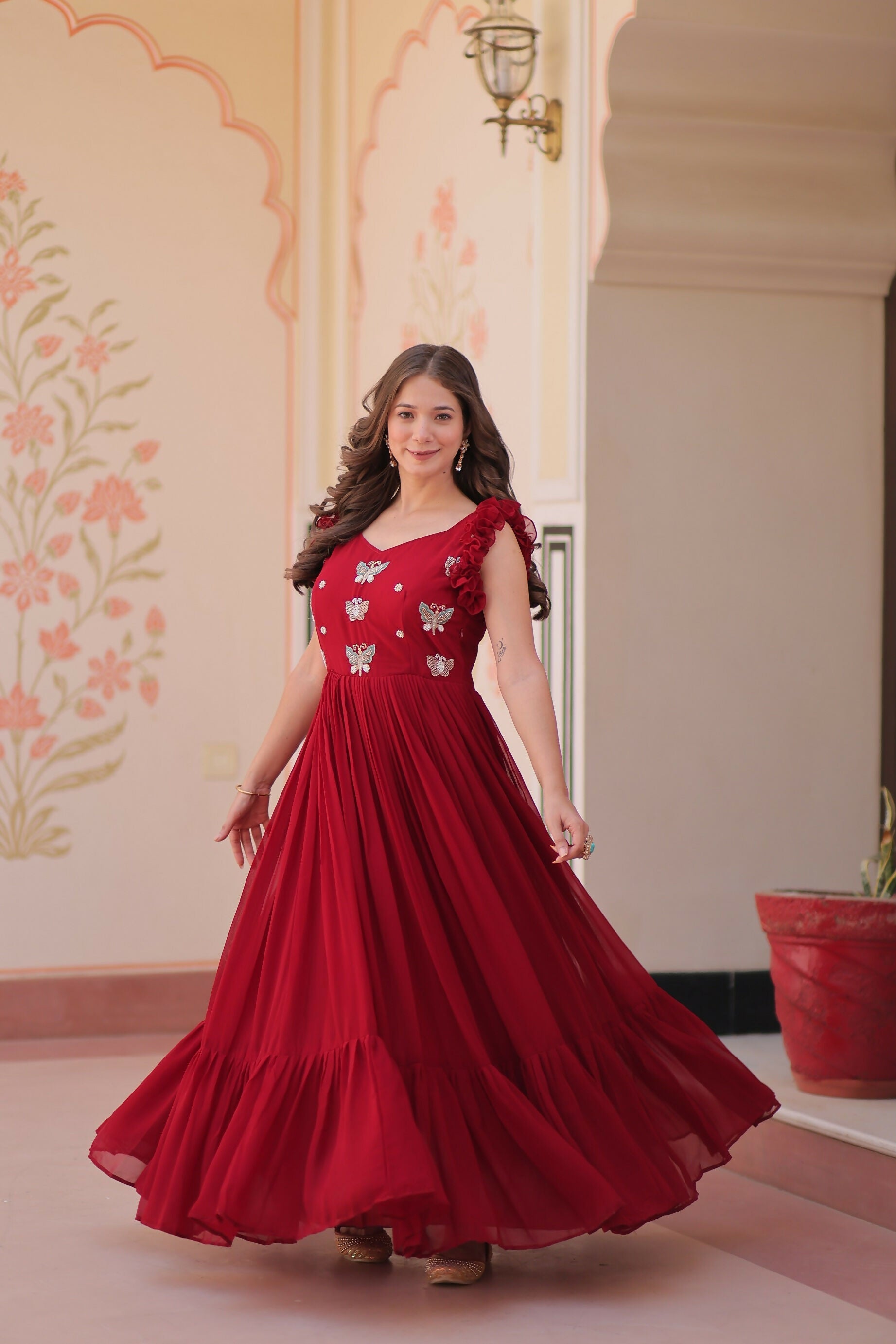 Maroon Georgette Gown with Exquisite Sequence Embroidery Work
