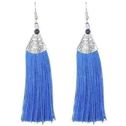 Handmade blue tassel long drop earrings for traditional Indian fashion