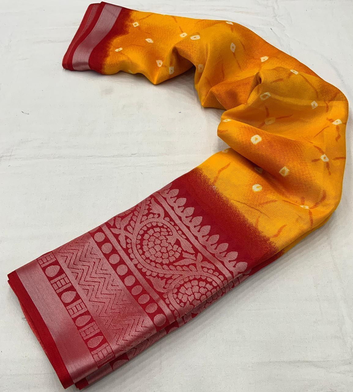 Orange Jute Silk Saree with Bandhani Print and Cutwork Border