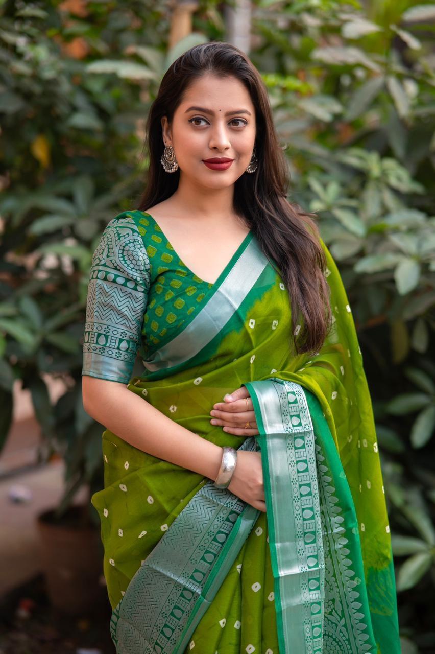 Green Jute Silk Ethnic Bandhani Print Saree with Broaso Border