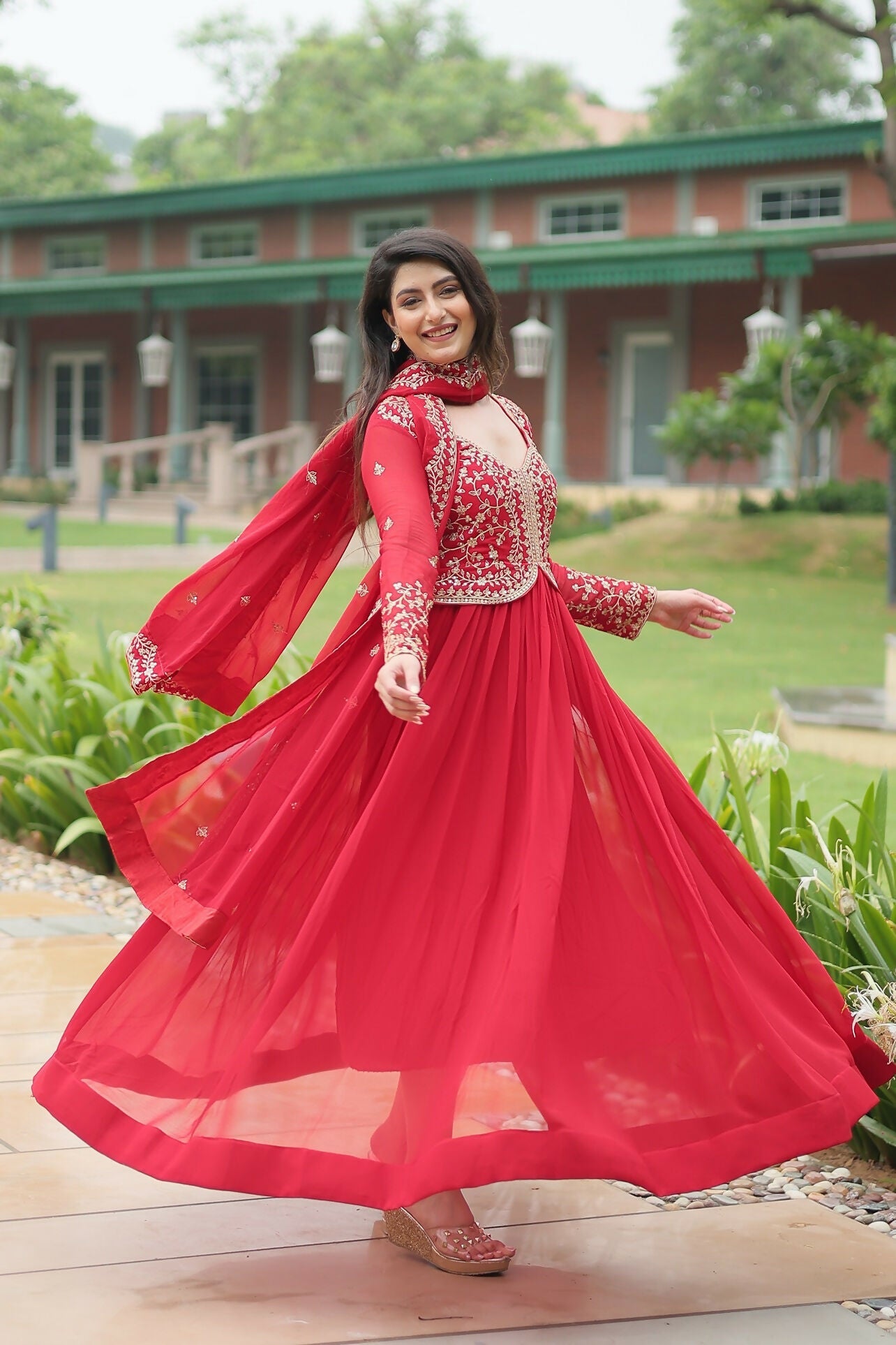 Red Georgette Sequence Embroidery Kurta Set