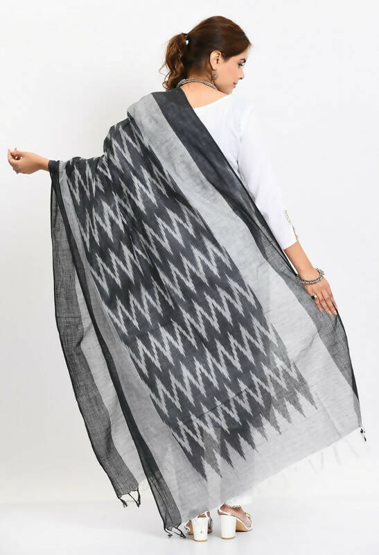 Women's Handloom Cotton Ikkat Black Dupatta Traditional Stole
