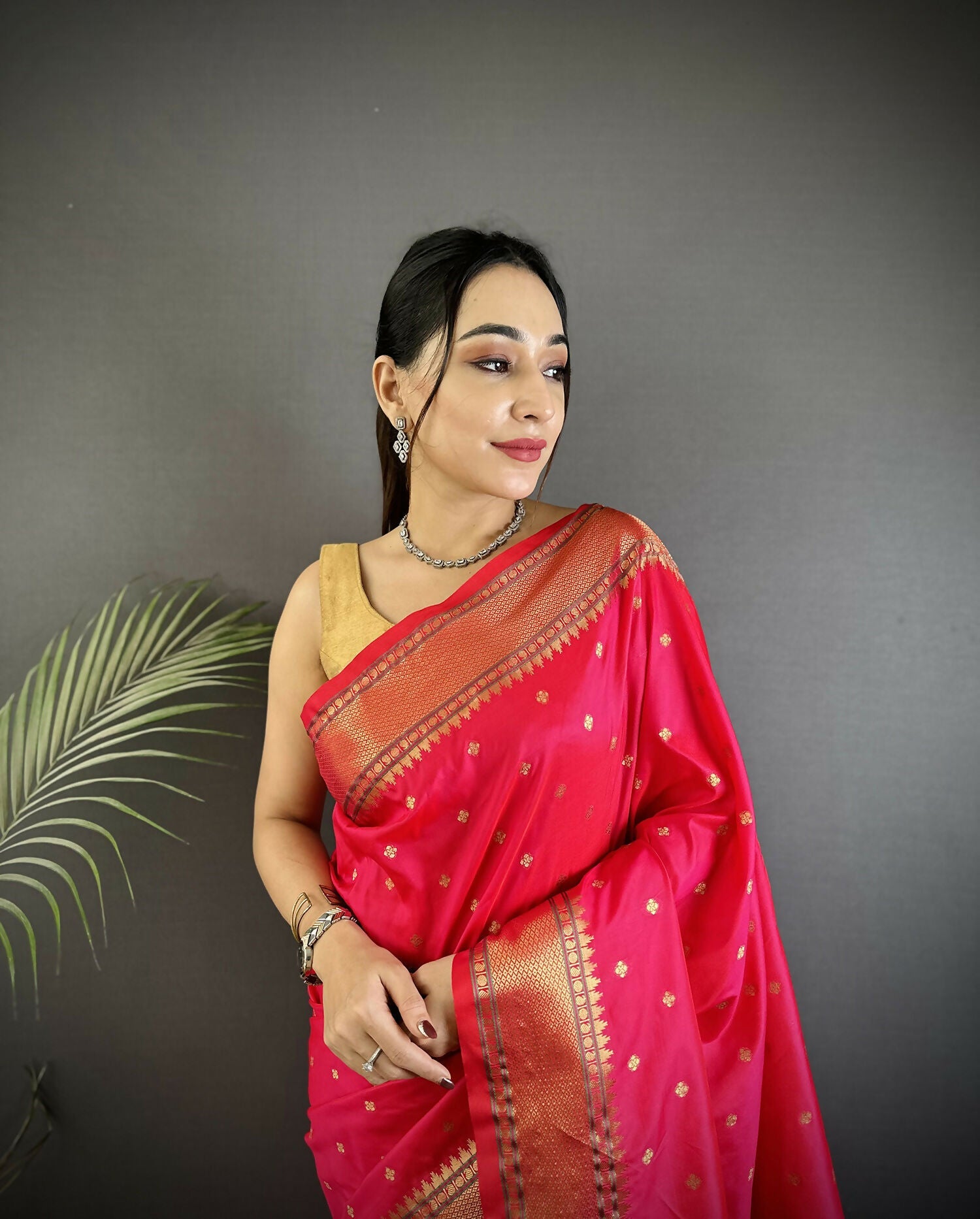 Magenta Pink Butti Woven Soft Lichi Silk Paithani Saree