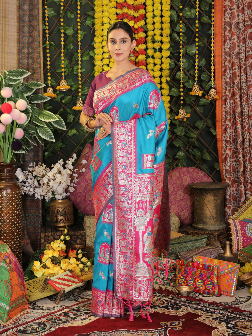 Sky Blue Silk Saree with Purple Blouse Piece