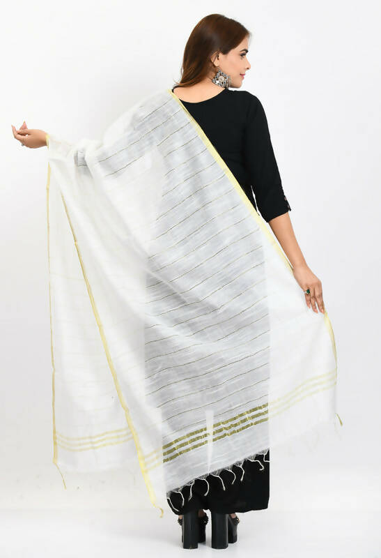 White Cotton Dupatta with Traditional Zari Box Detail