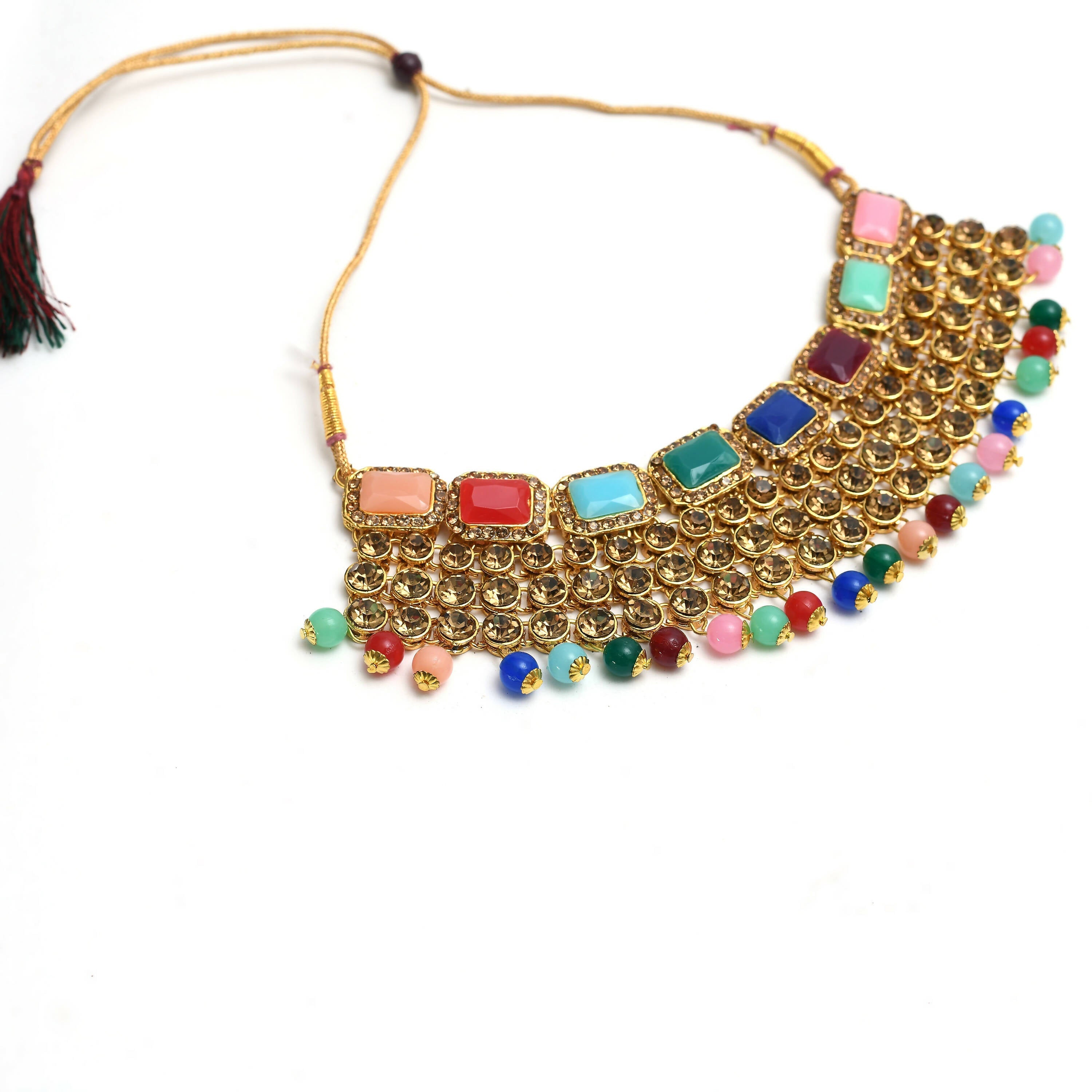 Heavy Rajwadi Design Multi-Color Gold-Polished Necklace Set
