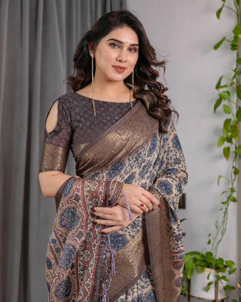 Grey Pure Handloom Linen Saree with Matching Blouse