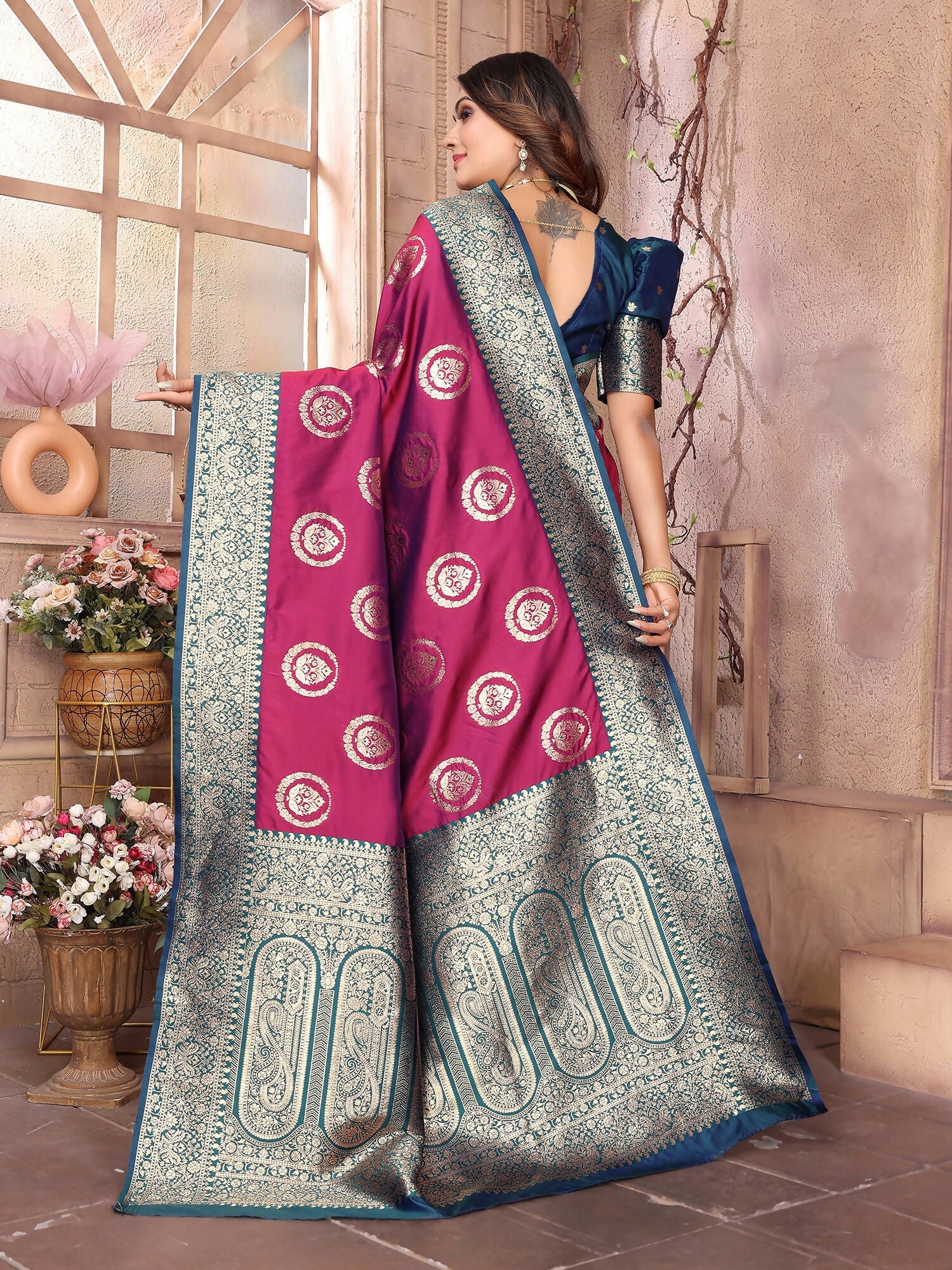 Magenta Banarasi Soft Silk Woven Saree for Weddings