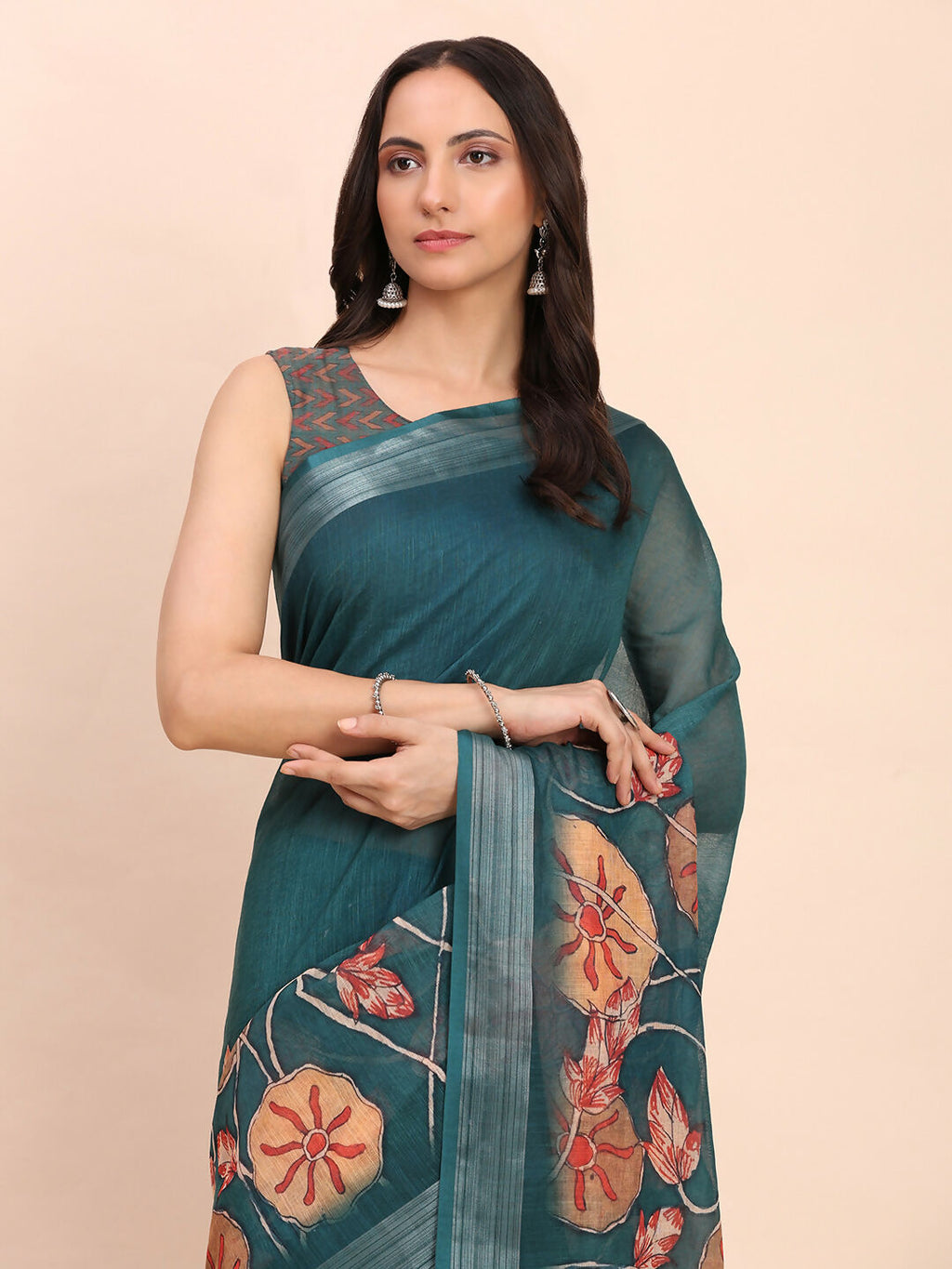 Teal Blue Linen Cotton Saree with Matching Blouse Piece
