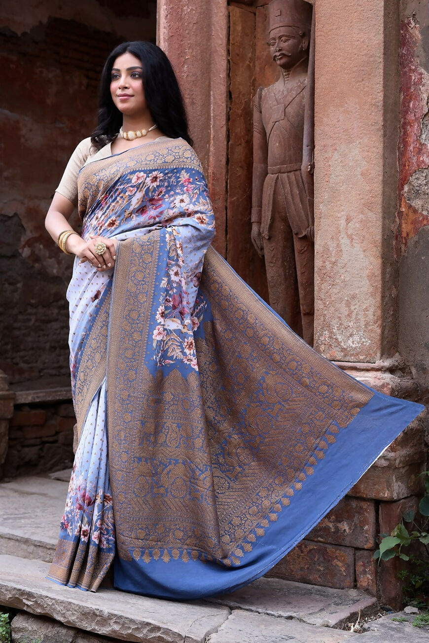 Dusty Blue Crepe Chiffon Pure Handloom Banarasi Silk Saree