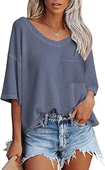 Women's Pink Waffle Knit V-Neck Short Sleeve Casual Loose Shirt - Image 25