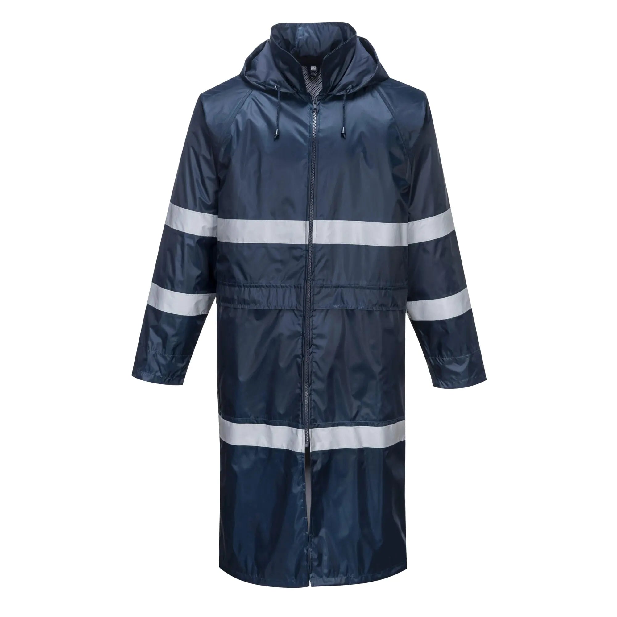 Portwest F438 Mens Waterproof Raincoat - Reflective Long Rain Jacket with Hood and Pockets Navy Large