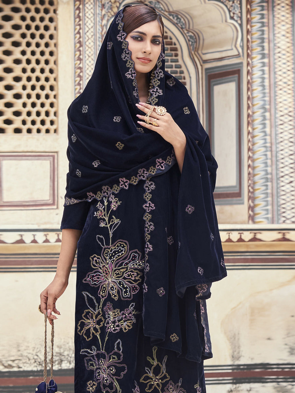 Navy Blue Velvet Straight Kurta Set with Resham Thread & Sequin