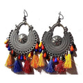 Heavy design silver-toned Chandbali earrings with multi-color silk threads and bead embellishments