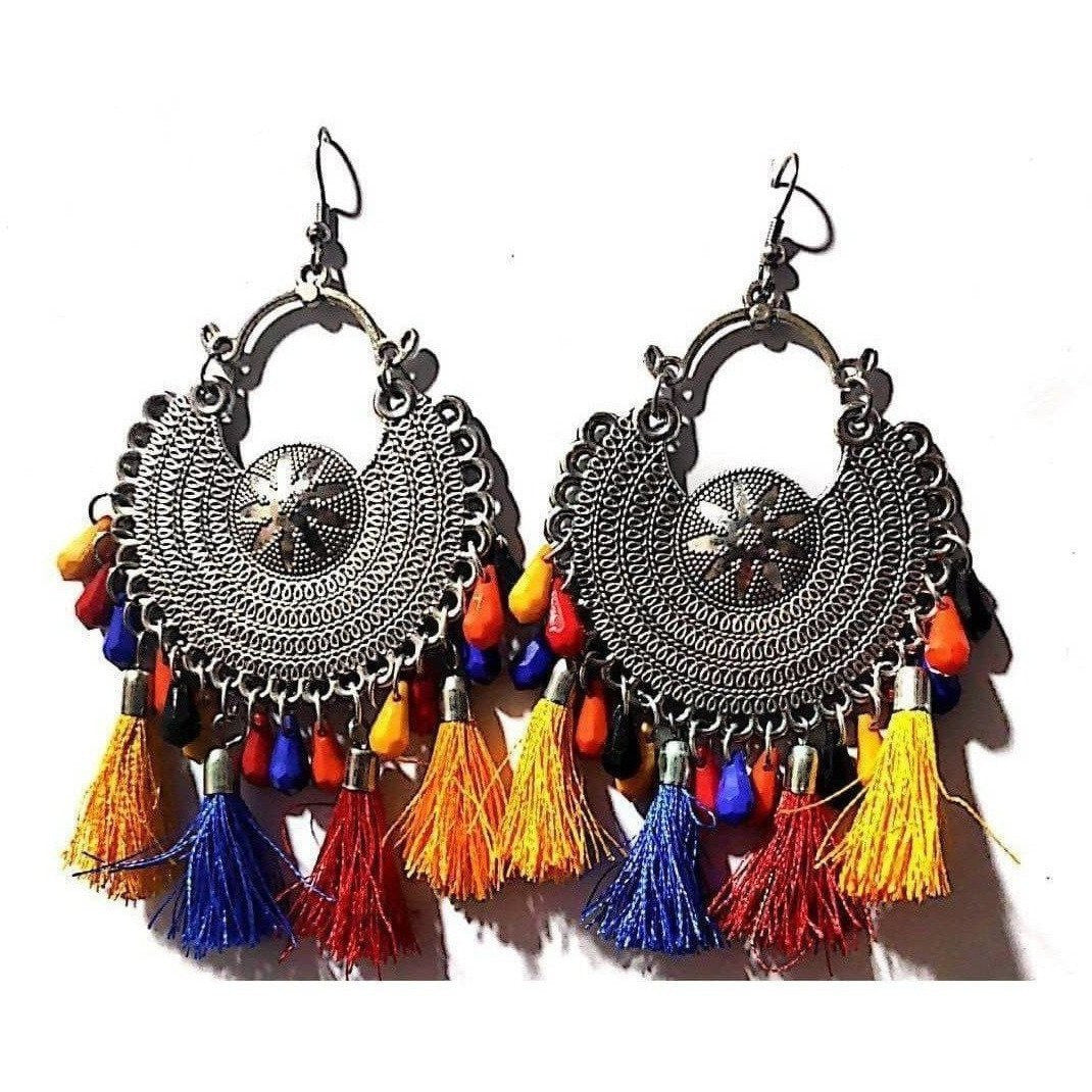 Heavy design silver-toned Chandbali earrings with multi-color silk threads and bead embellishments