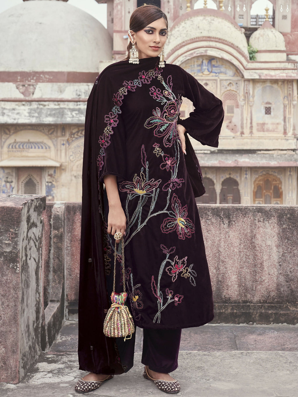 Wine velvet straight kurta set with intricate jari and sequin embroidery