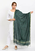 Bottle green cotton dupatta with intricate zari box grid pattern