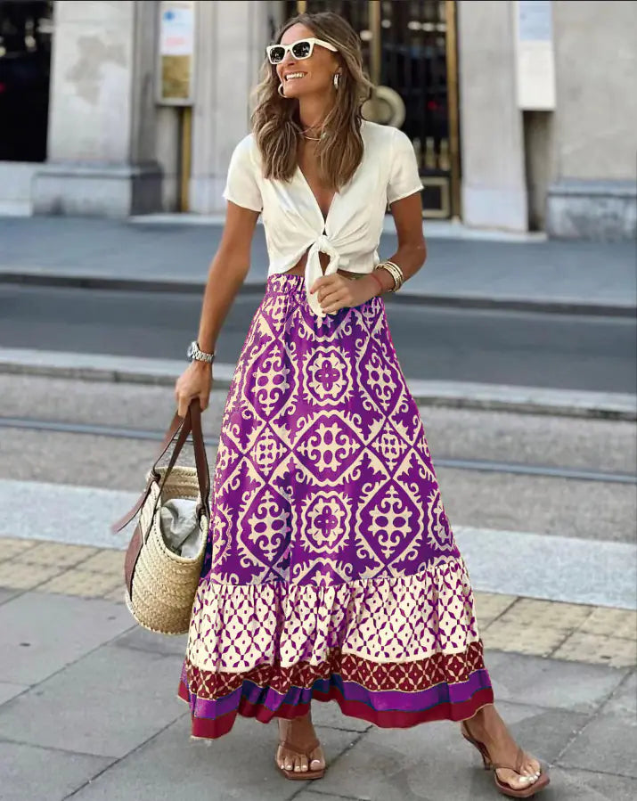 European American Summer Printed Loose Swing Skirt