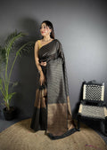 Black Banarasi Soft Lichi Silk saree with woven checks pattern