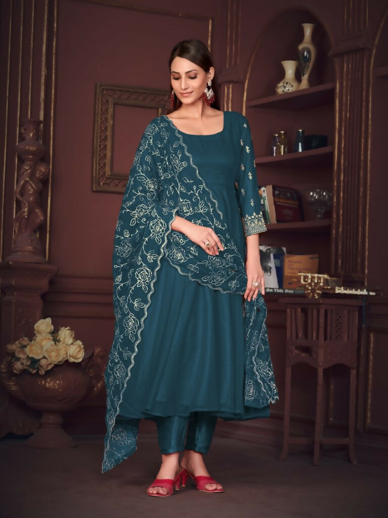 Jyoti Fashion Women's Rama Georgette Embroidered Anarkali Kurta Pant Set With Dupatta