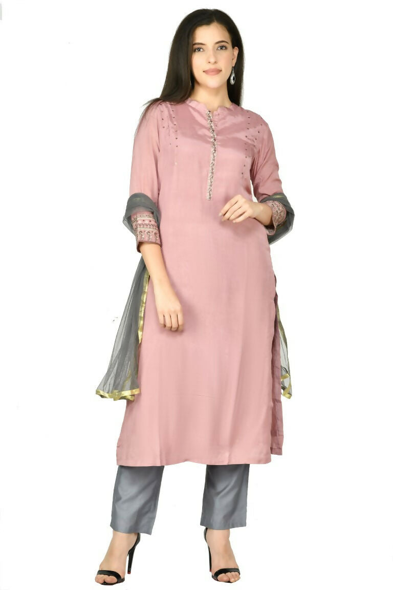 Rose Gold Maslin Kurta Set with Organza Dupatta