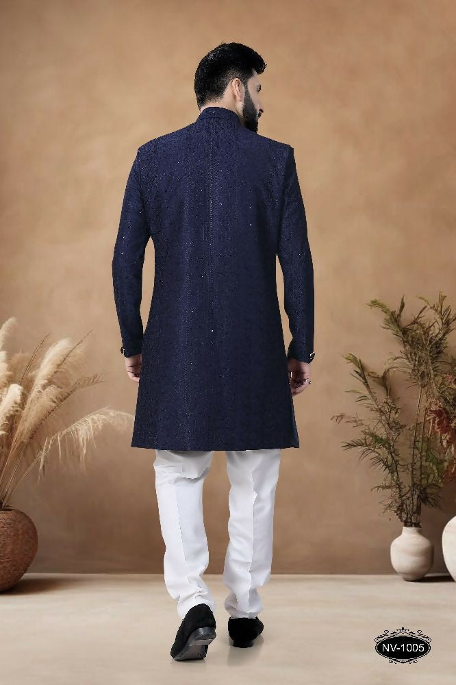 Men's Blue Silk Indo-Western Kurta Set with Heavy Embroidery