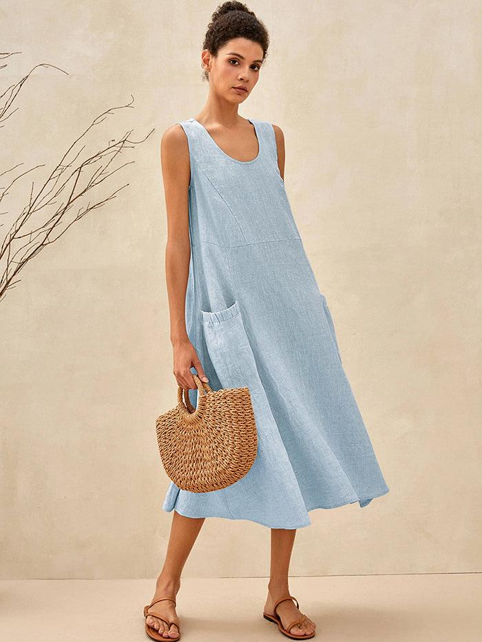 100% Linen Scoop Neck Swing Beach Maxi Dress - Sleeveless