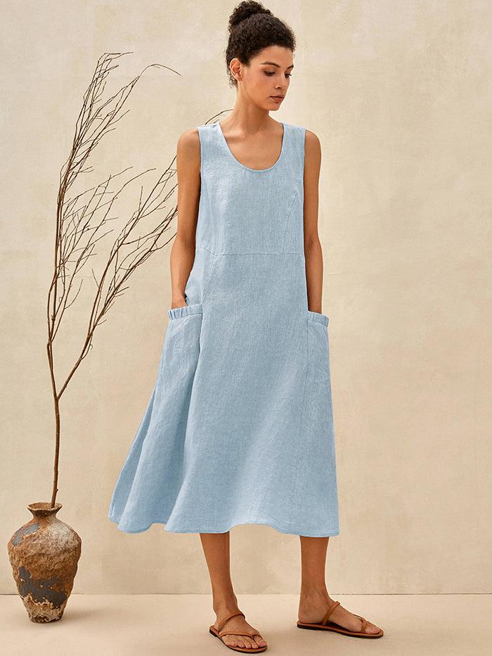100% Linen Scoop Neck Swing Beach Maxi Dress - Sleeveless