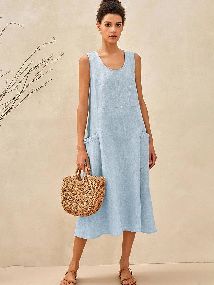100% Linen Scoop Neck Swing Beach Maxi Dress - Sleeveless