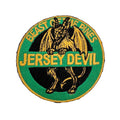 Jersey Devil highway sign embroidered patch featuring Pine Barrens folklore aesthetic