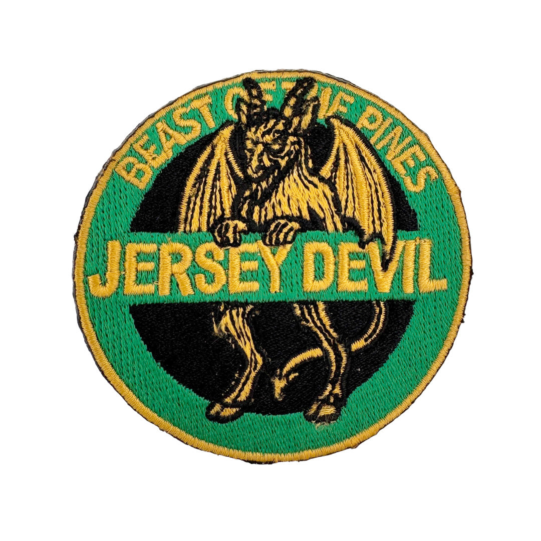 Jersey Devil highway sign embroidered patch featuring Pine Barrens folklore aesthetic
