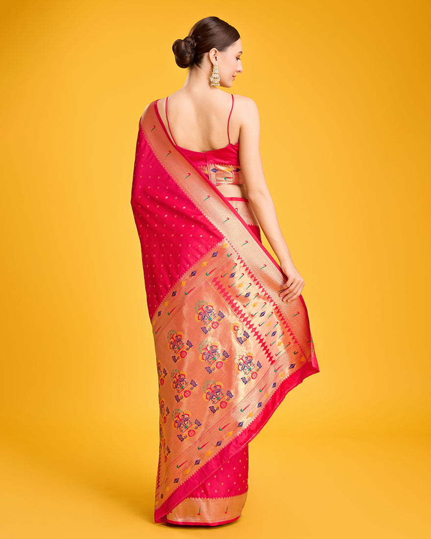 Bright Pink Paithani Silk Saree with Gold Zari Weaves