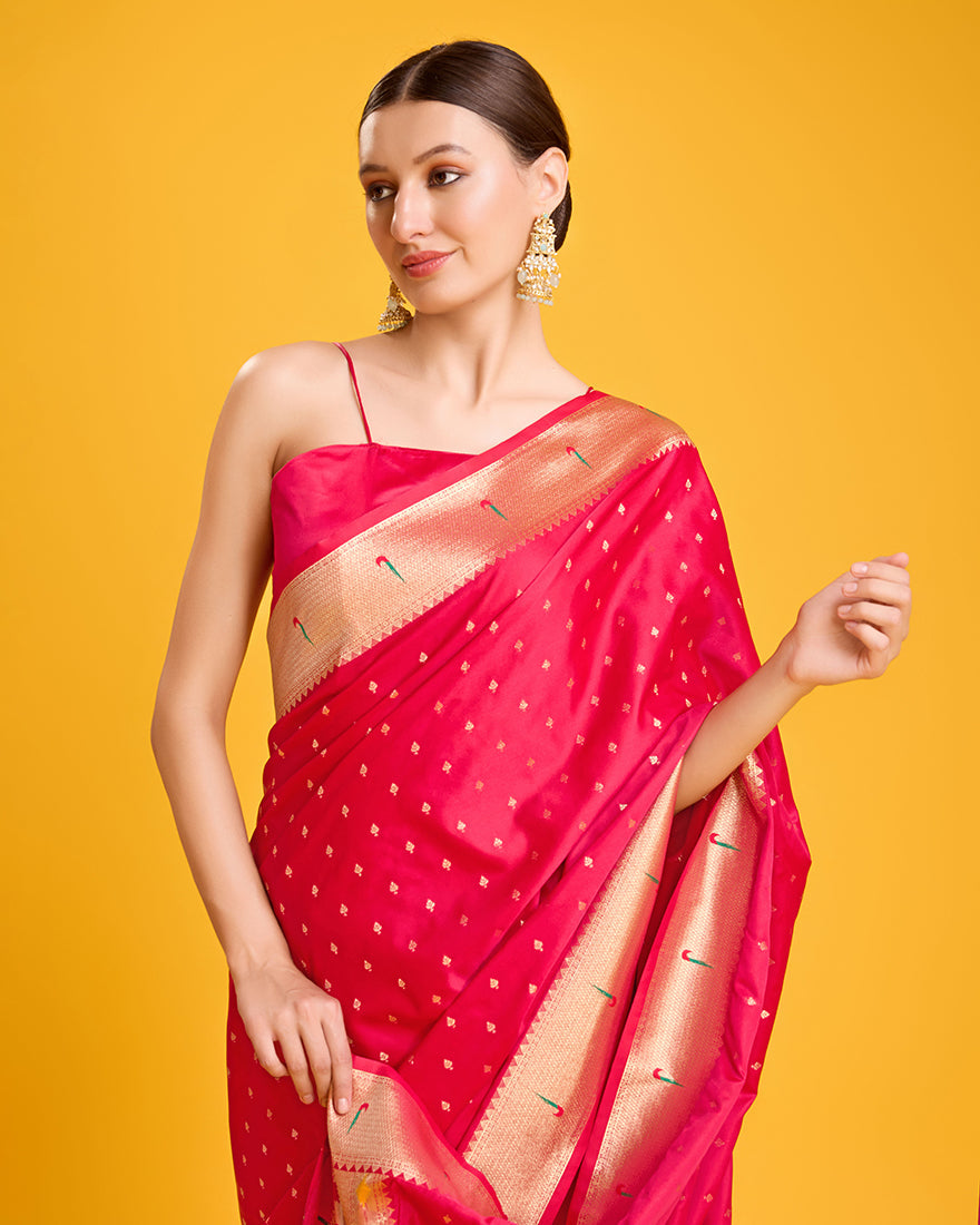 Bright Pink Paithani Silk Saree with Gold Zari Weaves