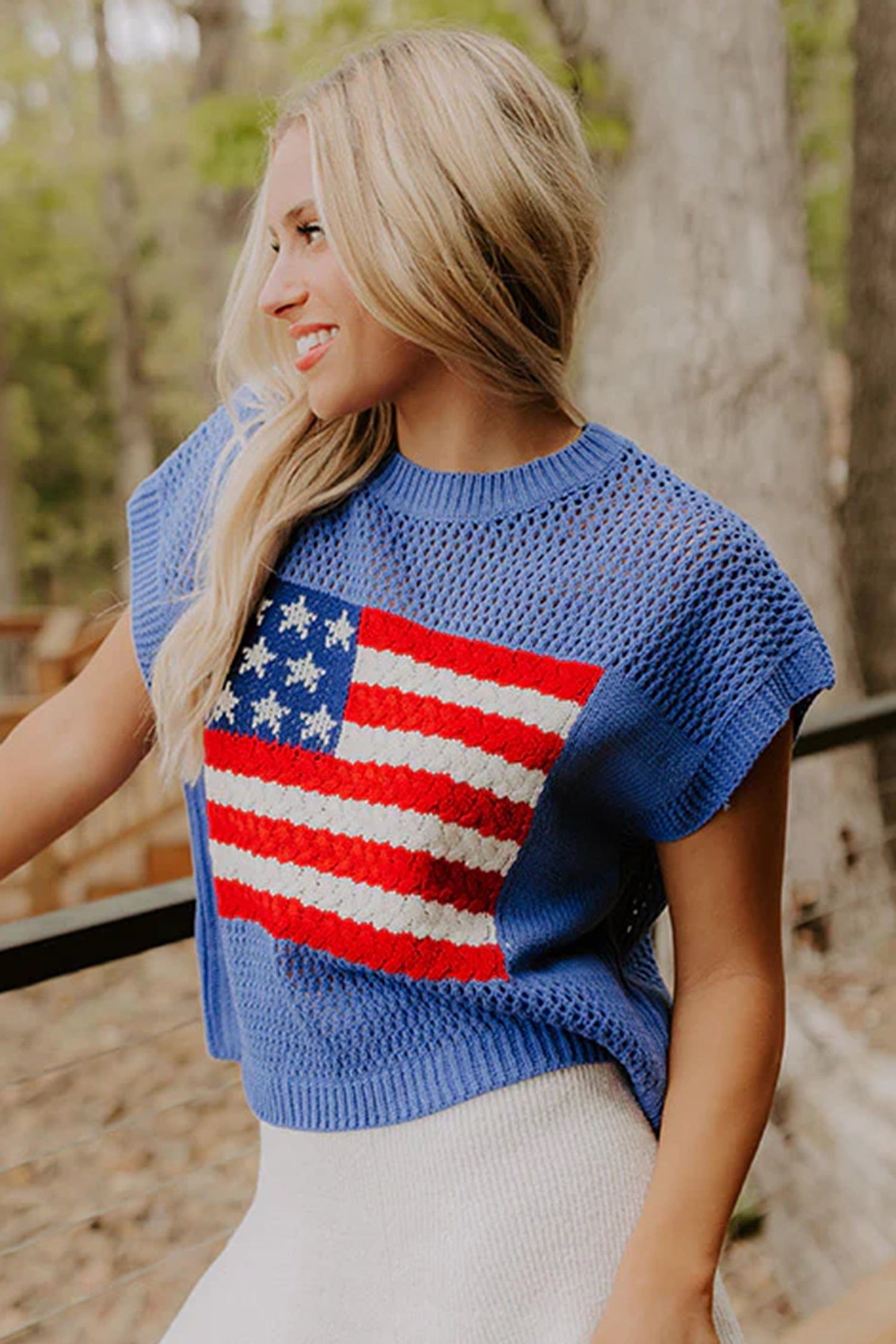 USA Flag Crochet Short Sleeve Sweater Top