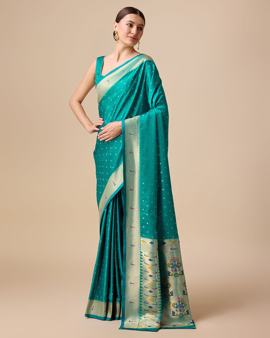 Regal Turquoise Paithani Silk Saree with Delicate Gold Zari Work