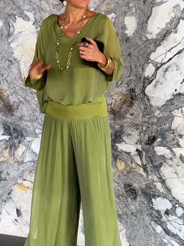 Solid Color Chiffon Two-Piece Set with V-Neck Top and Trousers - Image 7
