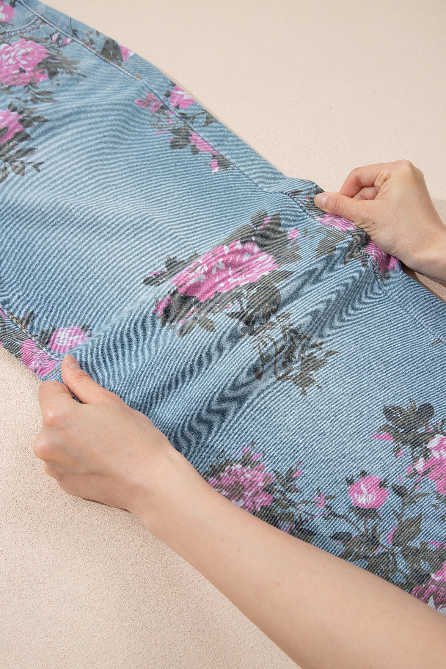 Esme Floral Print Bootcut Jeans in Light Blue & Pink