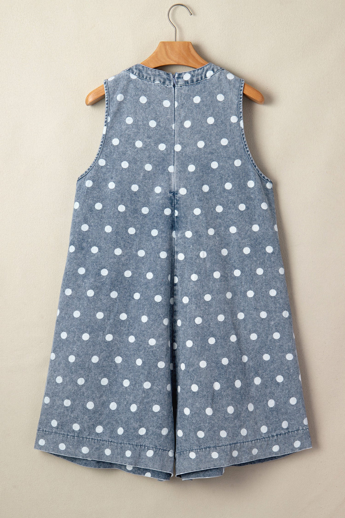 Polka Dot Denim Tie V-Neck Pleated Romper