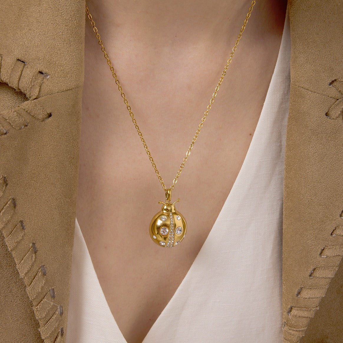 18k Gold Ladybug Necklace and Earrings Set with Zircon Details