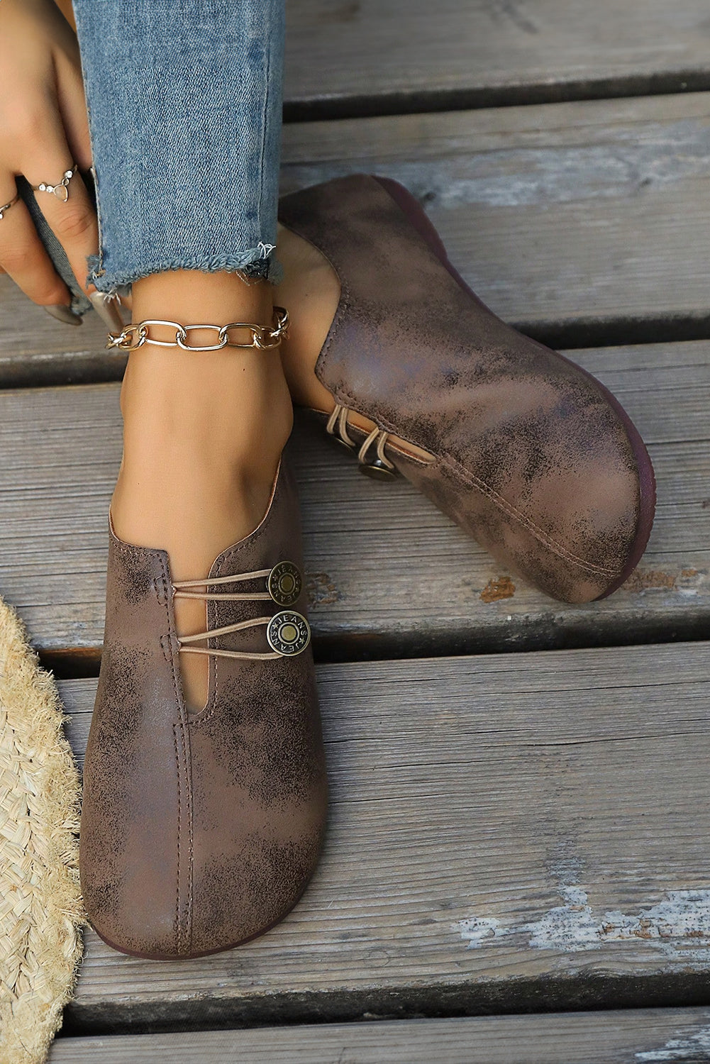 Coffee Button Detail Vintage Faux Leather Loafer Shoes