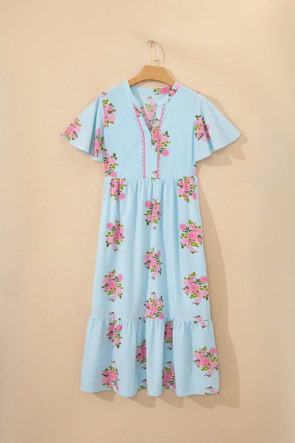 Light Blue Floral Notched Neck Flutter Sleeve Maxi Dress - Image 2
