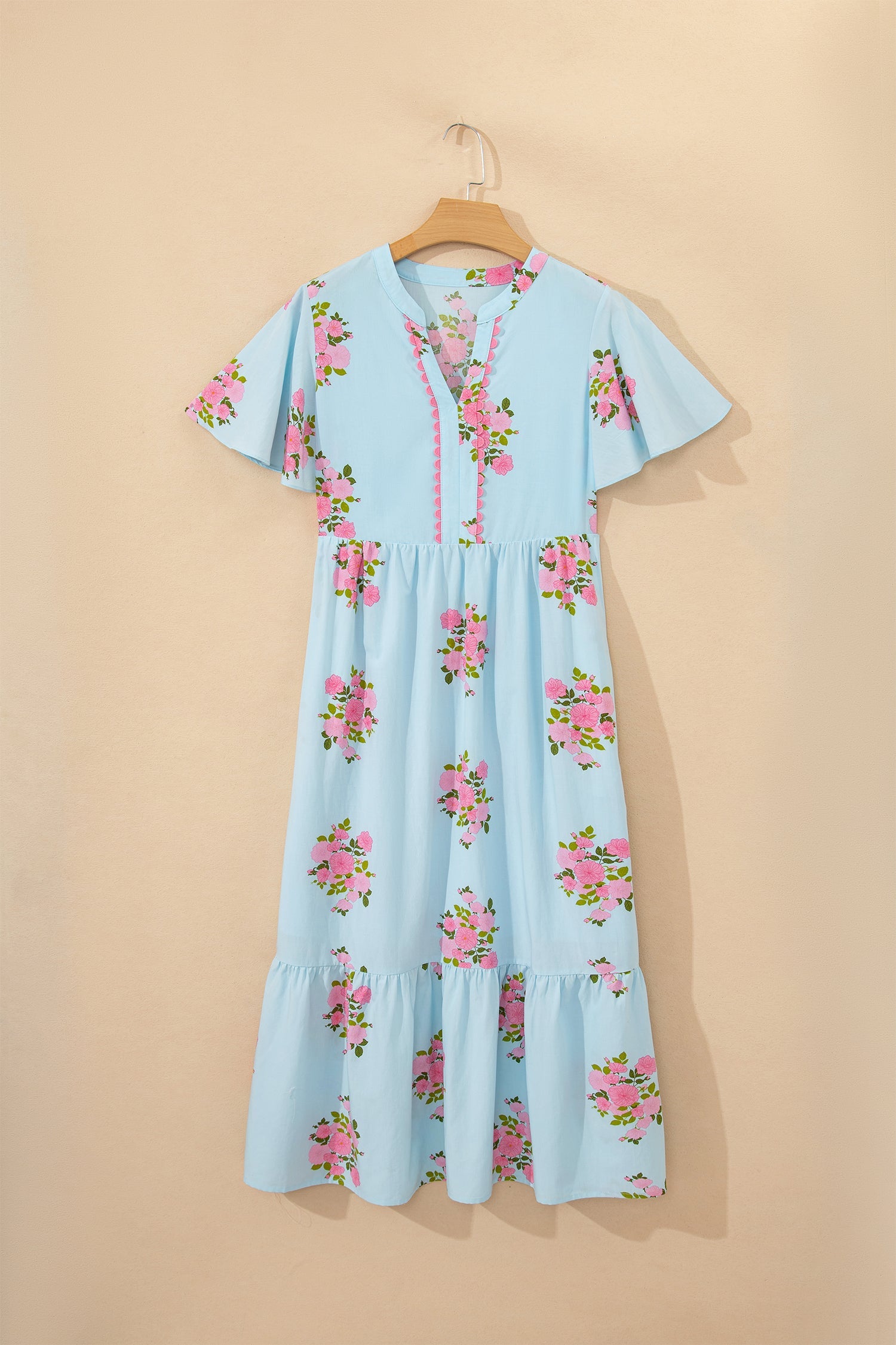Light Blue Floral Notched Neck Flutter Sleeve Maxi Dress - Image 2