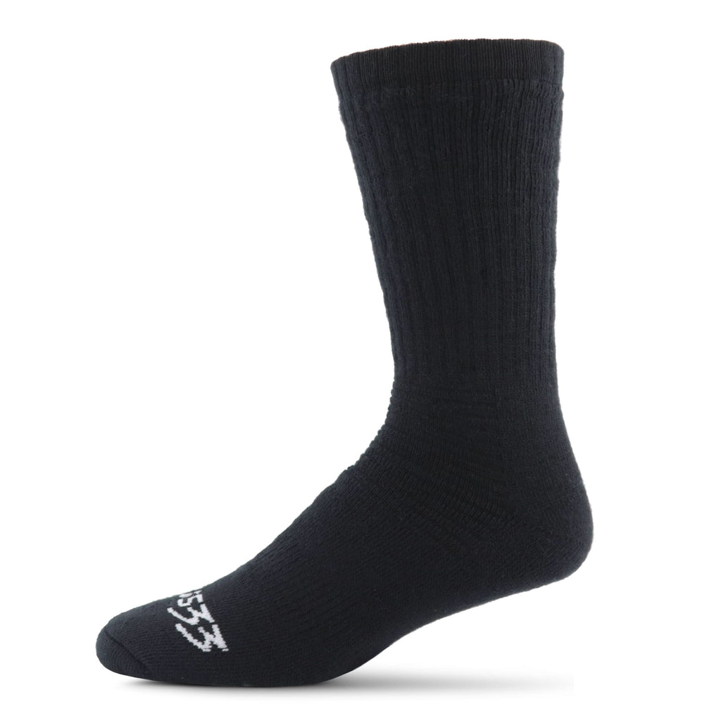 A pair of minimalist black midweight wool workhorse boot socks for unisex wear