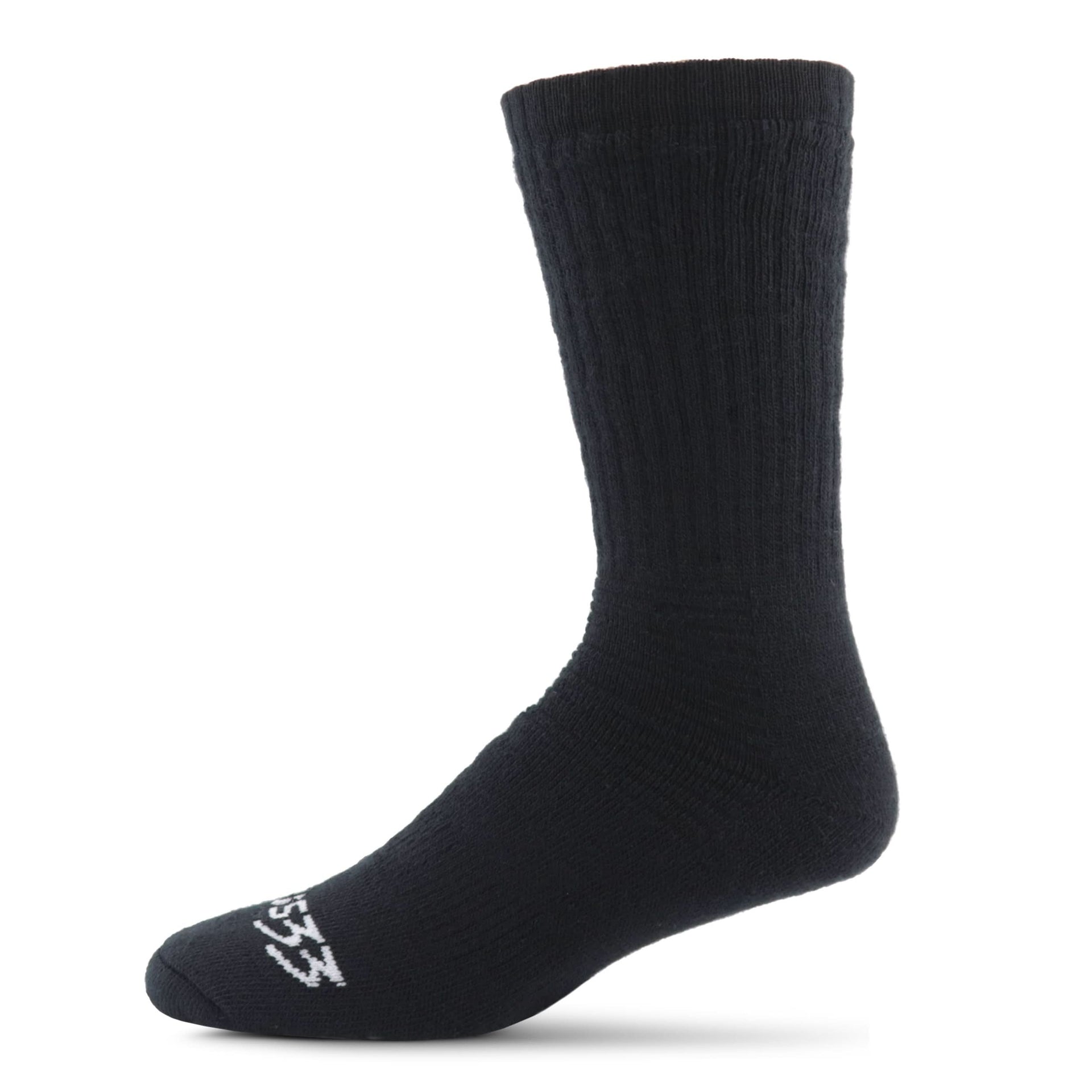 A pair of minimalist black midweight wool workhorse boot socks for unisex wear