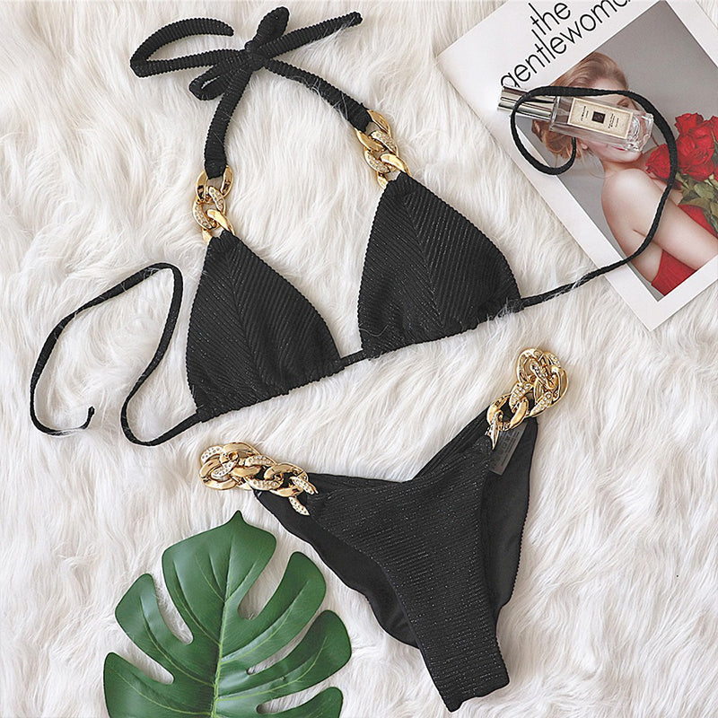 Retro Halter Triangle Bikini with Diamond Chain Cutout Detail