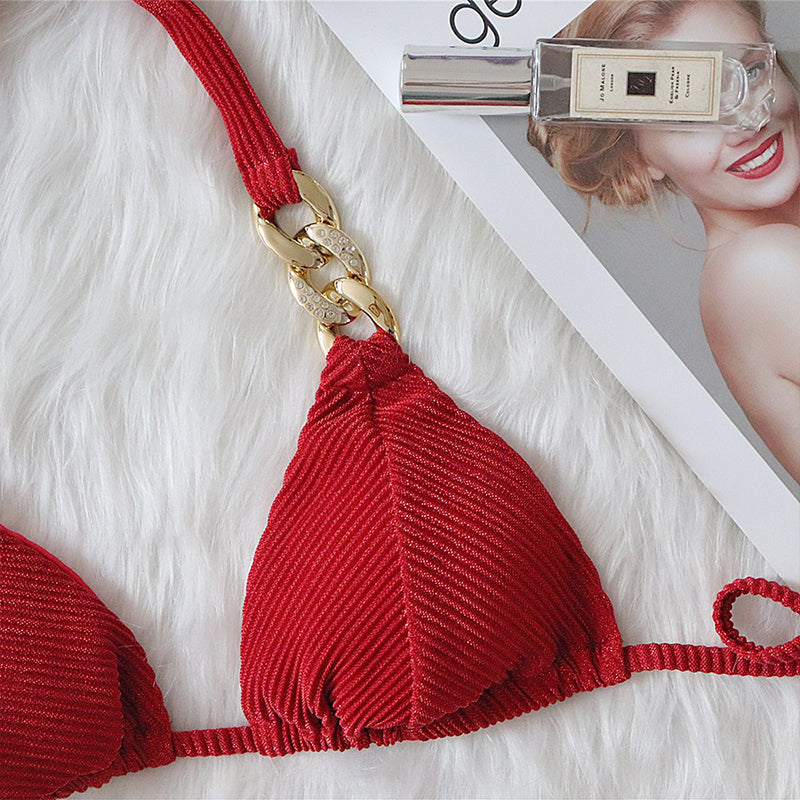 Retro Halter Triangle Bikini with Diamond Chain Cutout Detail