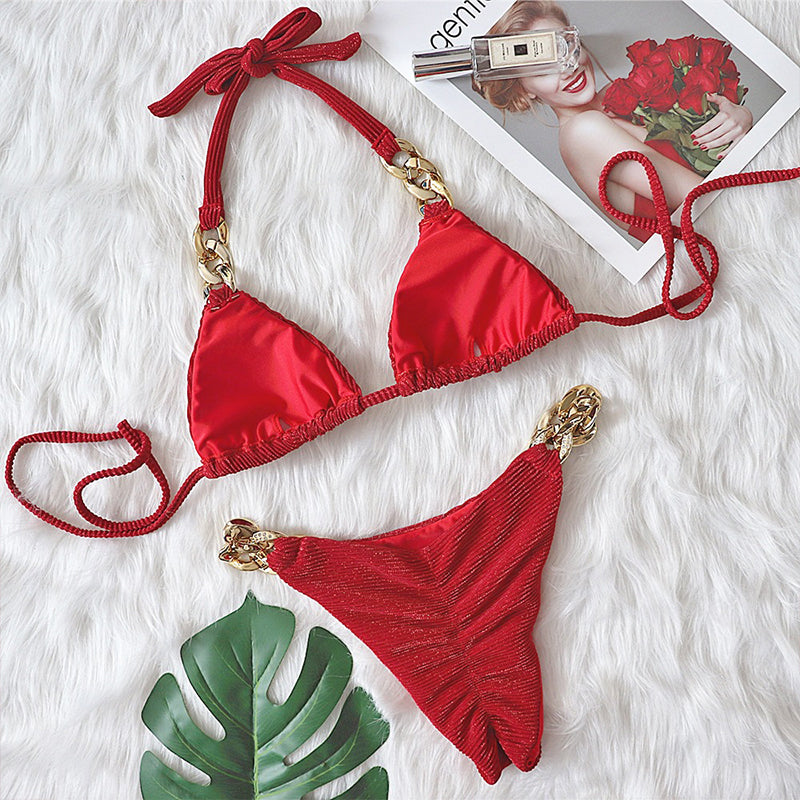 Retro Halter Triangle Bikini with Diamond Chain Cutout Detail
