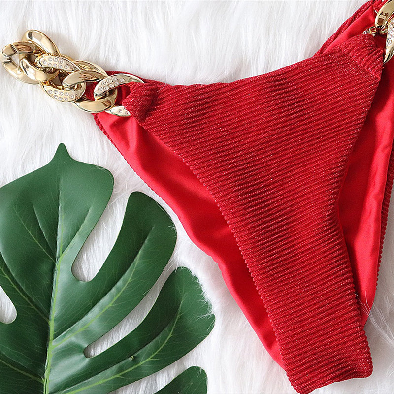 Retro Halter Triangle Bikini with Diamond Chain Cutout Detail