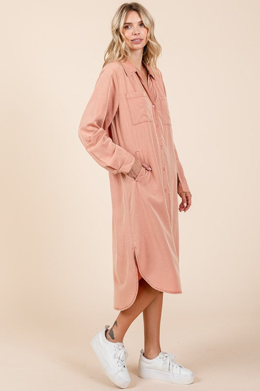 Women's Long Sleeve Button Down Shirt Dress in Dusty Rose
